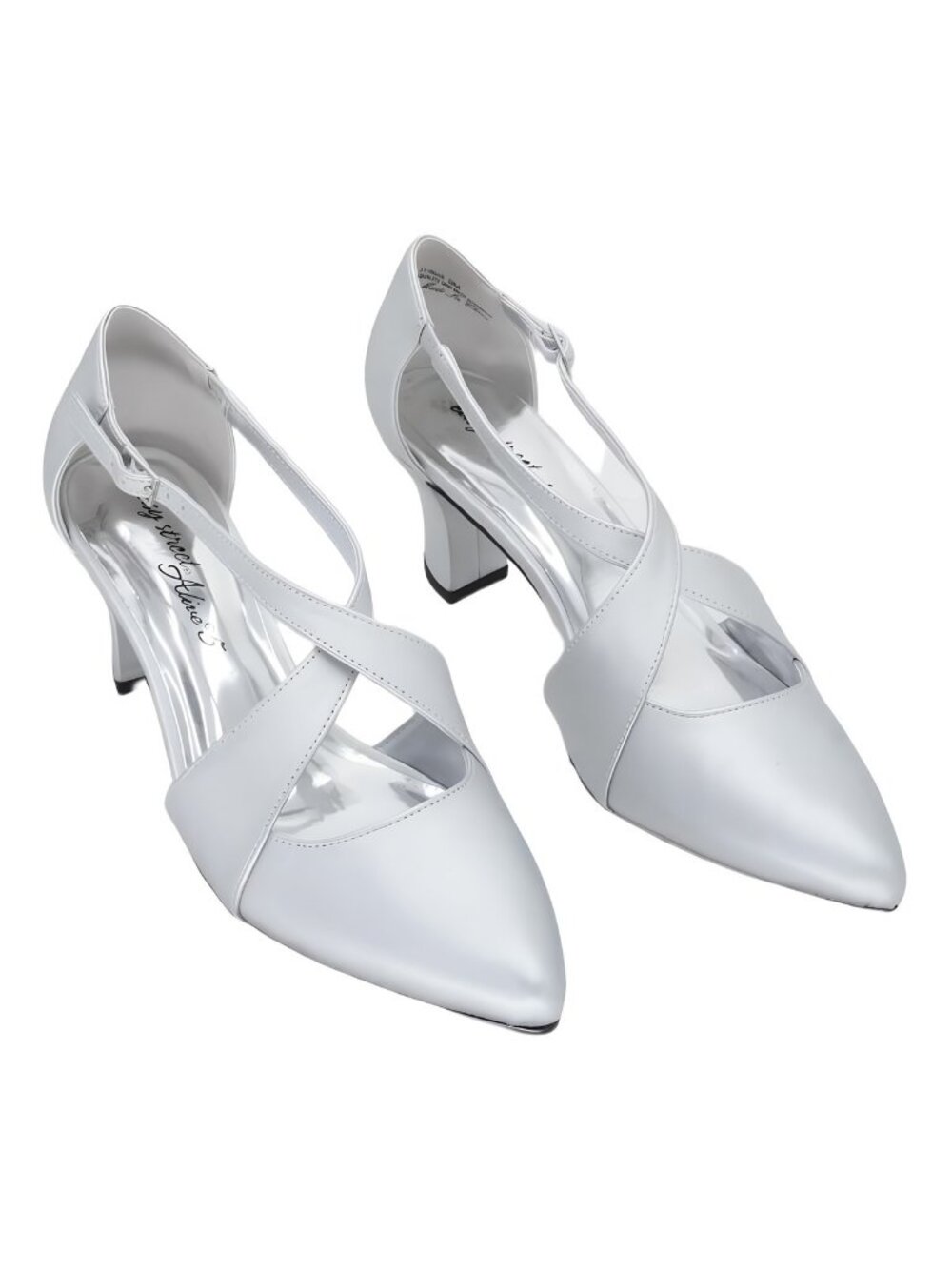 Easy Street Elegance Cross-Strap Pointed Toe Pumps 2in Heel Silver Satin 9M